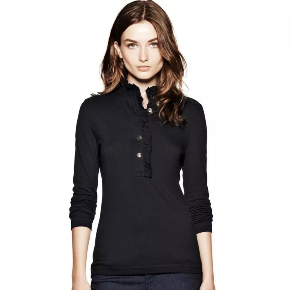 Lidia long sleeve ruffle polo Tory Burch black size M